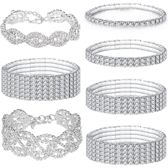 7PCS Rhinestone Bracelets  Cubic Zirconia Tennis Stretch Bracelet Bangle - Picture 1 of 7
